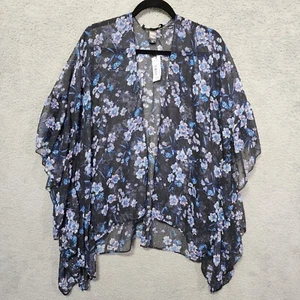 Mixit Shawl Women One Size Open Front Fringe Blue Floral Sheer Wrap - Picture 1 of 6