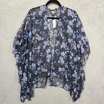 Mixit Shawl Women One Size Open Front Fringe Blue Floral Sheer Wrap - Image 1 of 4