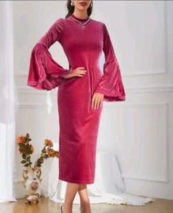 Womens Size 10 Hot Pink Velvet Bodycon Dress Pleated Trim Flounce Sleeves M New - Picture 1 of 5