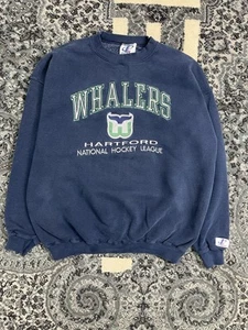 Vintage Hartford Whalers Logo Sweatshirt  L   Rare Hockey NHL Blue Embroidered - Picture 1 of 11
