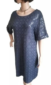 MONSOON Sequin Embellished Shift Dress L  Navy Blue Jersey VBack Short Sleeve - Picture 1 of 12
