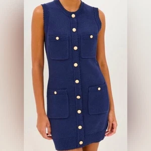 Caroline Constas navy sleeveless knit gold button sweater dress, size medium - Picture 1 of 16