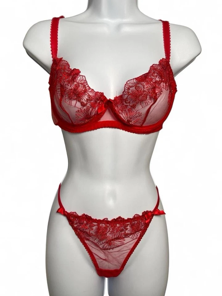 Agent Provocateur Red Sheer Lace Bra & Thong Set | Luxury Lingerie - Image 1 of 4