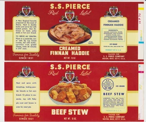 DE COLECCIÓN S. S. PIERCE ETIQUETA ROJA ESTOFADO DE CARNE Y CREMA FINNAN HADDIE ETIQUETAS BOSTON, MA - Imagen 1 de 1