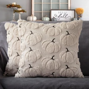 Fall Pumpkins Decorative Pillow Covers Beige Soft Plush Thanksgiving Home Decor - Picture 1 of 6