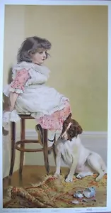 art print~IN DISGRACE II~Little girl on stool in corner dog child vtg repr 11x21 - Picture 1 of 1