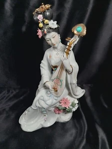 VTG Lotus Bisque Glazed Porcelain Geisha Girl Playing a Pipa Gold Incense Holder - Picture 1 of 15