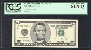 FR. 1988-K* 2001 $5 FW *STAR* FEDERAL RESERVE NOTE DALLAS, TX PCGS UNC-64PPQ - Picture 1 of 2