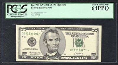 FR. 1988-K* 2001 $5 FW *STAR* FEDERAL RESERVE NOTE DALLAS, TX PCGS UNC-64PPQ - Image 1 of 2