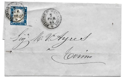 Italy SA#11 S#21 RAILROAD TRAIN TPO:Alessandria Station🔥7.02.1863 Cover TORINO - Image 1 of 4