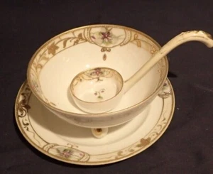ANTIQUE NIPPON SMALL SERVING FOOTED BOWL WITH PLATE AND LADLE GOLD GILT - Picture 1 of 6