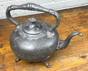 C.1905 Art Nouveau Pewter Teapot w/ Wonderful Details, Ornate, Hinged Lid - Picture 1 of 23