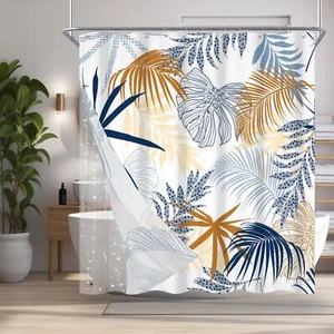 Shower Curtain with Liner 3 in 1 Shower Curtain SetTropical Leaves Green Show... - Picture 1 of 7
