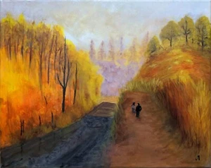 Landscape Tree Painting Original People Bridge Sky Nature Art By Josh Merritt - Picture 1 of 1