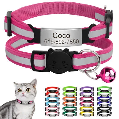 Reflective Breakaway Safety Cat Collar & Custom Name ID Tag No Noise & Bells - Image 1 of 4