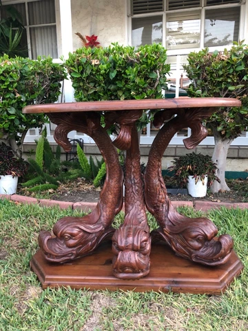 Vintage  Mahogany Wooden Carved 3 Koi Fish Console Table Cover
