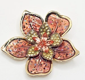 Brooch Pin By Liz Claiborne Pink & Green Flower Gold Tone Metal w/Rhinestones - Picture 1 of 4