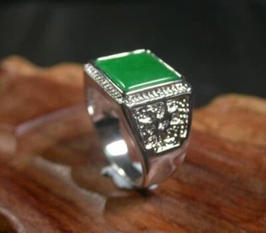 Fashion White Gold Plated Real Green Jade Rectangle Blessing Fortune Men's Ring - Picture 1 of 3