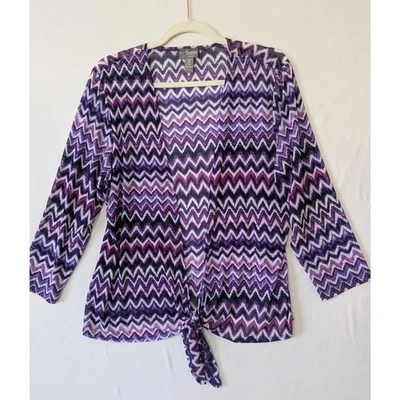 Chico's Purple Chevron Tie Front 3/4 Sleeve Indie Top Size L Sheer Lightweight - Image 1 of 4