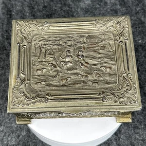Vtg Metal Jewelry Box Wood Lined Embossed Design JAPAN Hinged Lid Sheep Barn - Picture 1 of 14