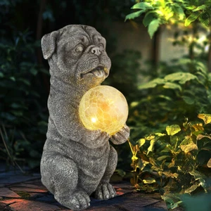 Außenleuchte Solarlampe Gartendeko Crackle Glaskugel grau Gartenlampe LED Hund - Bild 1 von 11