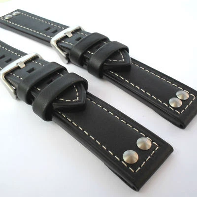 Genuine Calf Leather Watch Strap Black Riveted Military Aviator TW Steel Diesel — 第 1/4 张图片