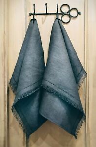 Thick 100% Linen bath towel. Kitchen Set 2/3 embroidery fringe Charcoal grey