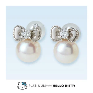 Sanrio Platinum Meets Hello Kitty Ribbon Pierced Earring Pearl Diamond Pt900/850 - Picture 1 of 3