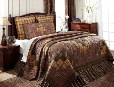 Hand-Stitched Oversized King Quilt Brown & Green Plaid Block Patchwork Prescott - Image 1 of 4