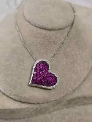 3Ct Round Cut Lab Created Pink Sapphire Heart Shape Pendant 14K White GoldPlated - Image 1 of 4