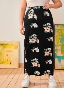 PLUS SIZE 24 BLACK FLORAL SHIFT MAXI SKIRT UNLINED STRETCH PULL ON WAISTBAND - Picture 1 of 3