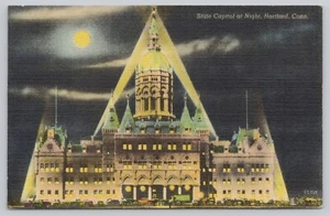 State Capital At Night Hartford Connecticut Linen Postcard c1947 - Picture 1 of 2