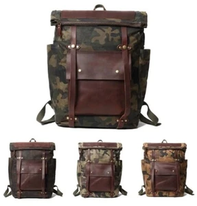 Waxed Canvas Genuine Leather Camo Backpack Waterproof Travel Weekend Rucksack - Picture 1 of 16