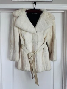 VINTAGE WHITE RABBIT FUR COAT JACKET LEATHER BELTED WAIST HOOK FRONT WOMENS MED - Picture 1 of 18