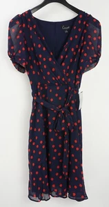 New Connected Apparel Womens 4 Navy Blue Red Polka Dot Chiffon V-Neck Mini Dress - Picture 1 of 8