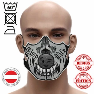 ⚫ Maske "FLEXIBLE" Thug Life (Smiley Grey) Herrenmaske ☆ bestickte Gesichtsmaske - Picture 1 of 1