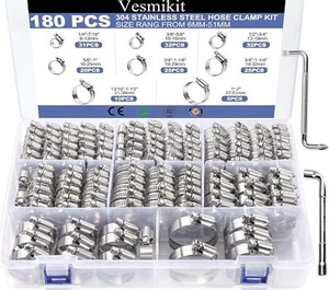 Hose Clamp Assortment- 180 PCS Stainless Steel Hose Clamps Kit 1/4"–2"(6-51Mm) - Picture 1 of 2
