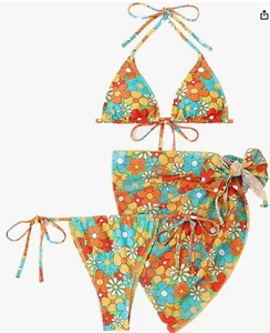 3 Pcs Women's Sexy Floral Swimsuit Bikini Set with Cover Up Beach Skirt S NWOT - Picture 1 of 5
