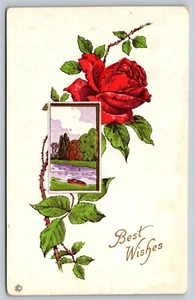Greetings Postcard Best Wishes Red Rose Flower River Landscape Embossed - Picture 1 of 2