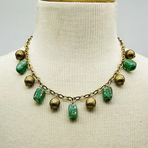 Vintage Charm Dangle Necklace Green Gold 17" - Picture 1 of 4