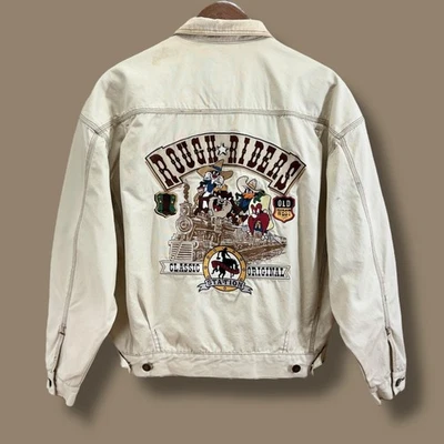 Vtg Looney Tunes Men Small Denim Trucker Jacket Beige Rodeo Western Country 90s - Image 1 of 4