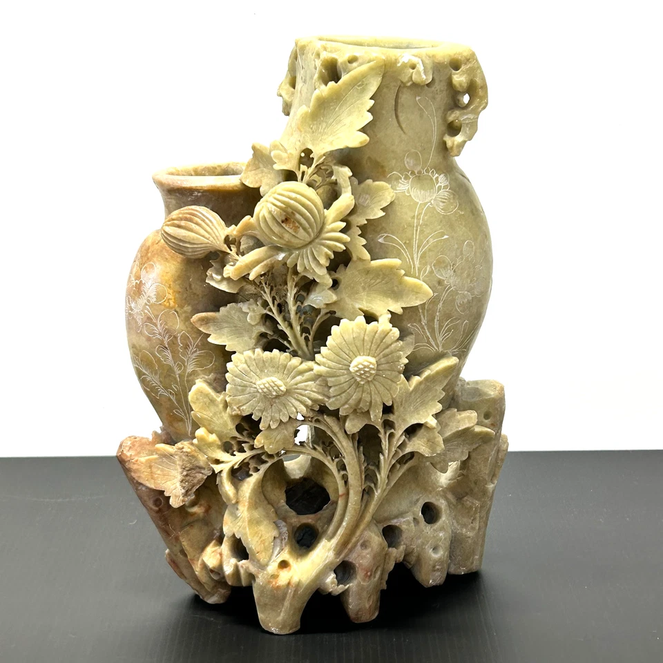 Jarrón doble florero chino vintage tallado a mano escultura Foto 1 de 4