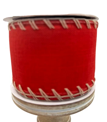 RED CANVAS BURLAP STITCH DELUXE ribbon 2.5 Wire Christmas HOLIDAY 30 Feet - Image 1 of 2