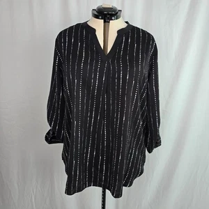 Timeson Blouse Women's XXL Black White Geo Stripe Roll Tab Sleeves NWT - Picture 1 of 18