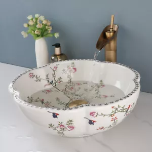 Bathroom Ceramic Flower Vessel Sink Basin Bowl Mixer Antique Brass Faucet Tap - Picture 1 of 15