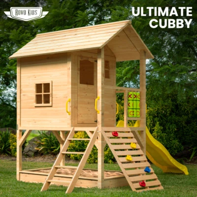 ROVO KIDS Cubby House Wooden Outdoor Playhouse Slide 2 Story Sandpit Elevated  - image 1 of 4