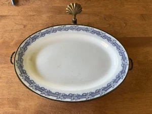 Antique French Tarnished Metal brass Warming Platter blue and white porcelain - Picture 1 of 5