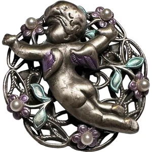 Vintage Stil Zinnfarben Baby Cherub mit handbemalten Blumen & kleinen Perlen - Bild 1 von 9