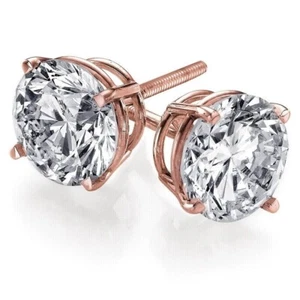 Aretes solitarios de diamantes de corte redondo de 2 quilates enchapados en oro rosa de 14 quilates. - Imagen 1 de 5