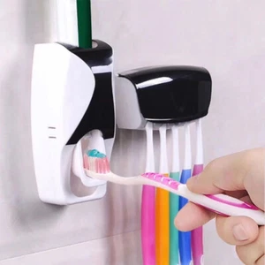Wall Mounted Bathroom Automatic Toothpaste Dispenser + 5 Toothbrush Holder Stand - Picture 1 of 21